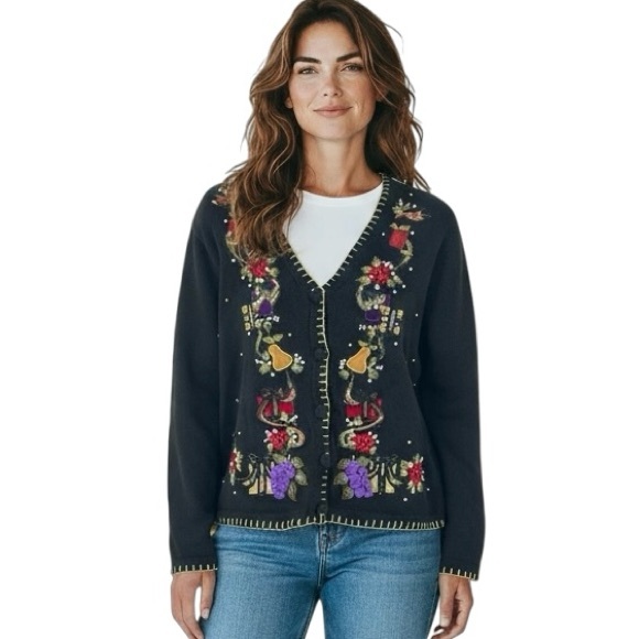 Vintage Victoria Jones Embellished Holiday Cardigan ChristmasSweater Size MP - Picture 1 of 11